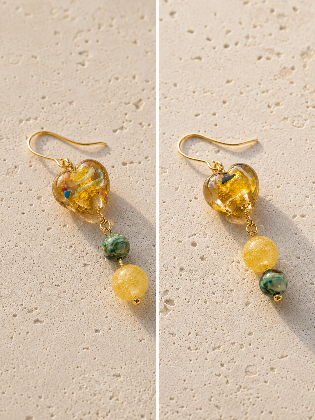 Pendientes Miel hechos a mano con corazones de cristal dorado, piedras verdes y cuentas amarillas, mostrados individualmente en detalle.