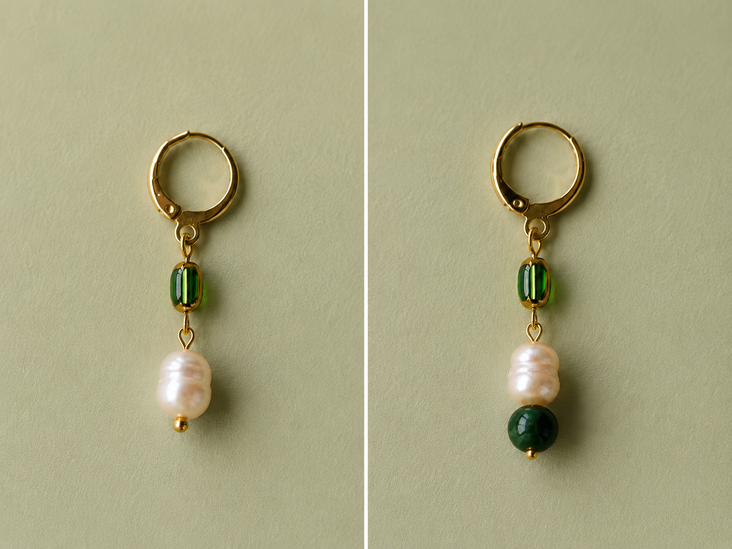 Detalle del par de pendientes artesanales Prao, mostrando su diseño asimétrico con perlas barrocas de agua dulce, cuentas de vidrio verde y una piedra verde oscura en una de las piezas, montados en aros de acero inoxidable dorado.