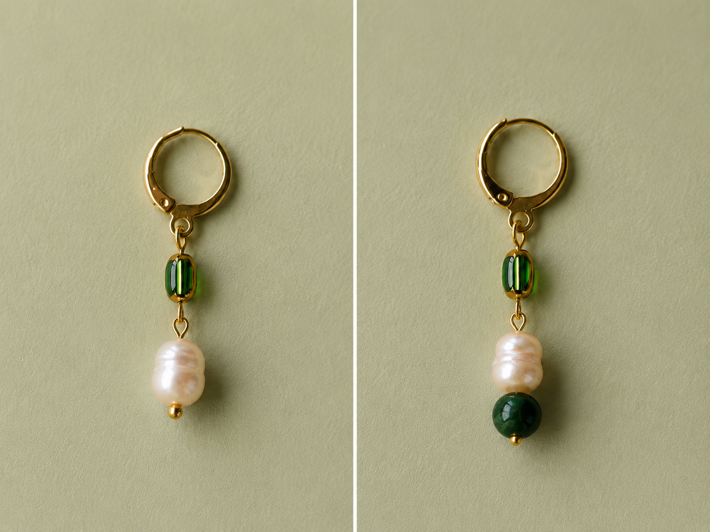 Detalle del par de pendientes artesanales Prao, mostrando su diseño asimétrico con perlas barrocas de agua dulce, cuentas de vidrio verde y una piedra verde oscura en una de las piezas, montados en aros de acero inoxidable dorado.